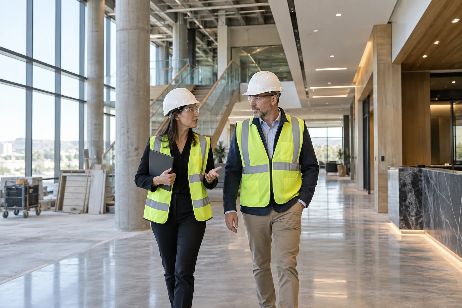 Construction professionals reviewing a commercial project